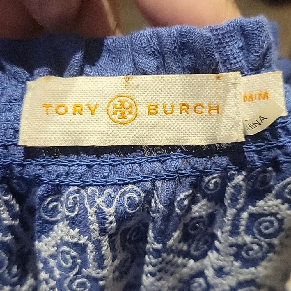Tory Burch Nina Blouse Embroidery White Blue Peasant Cotton Western Boho Medium